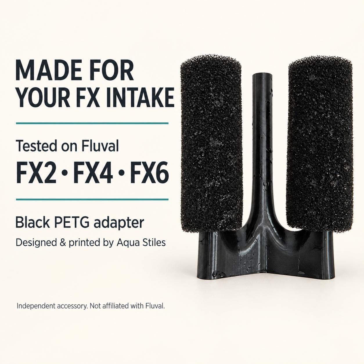 Dual sponge prefilter adapter with two black sponges fitted, labelled as tested on Fluval FX2, FX4 and FX6