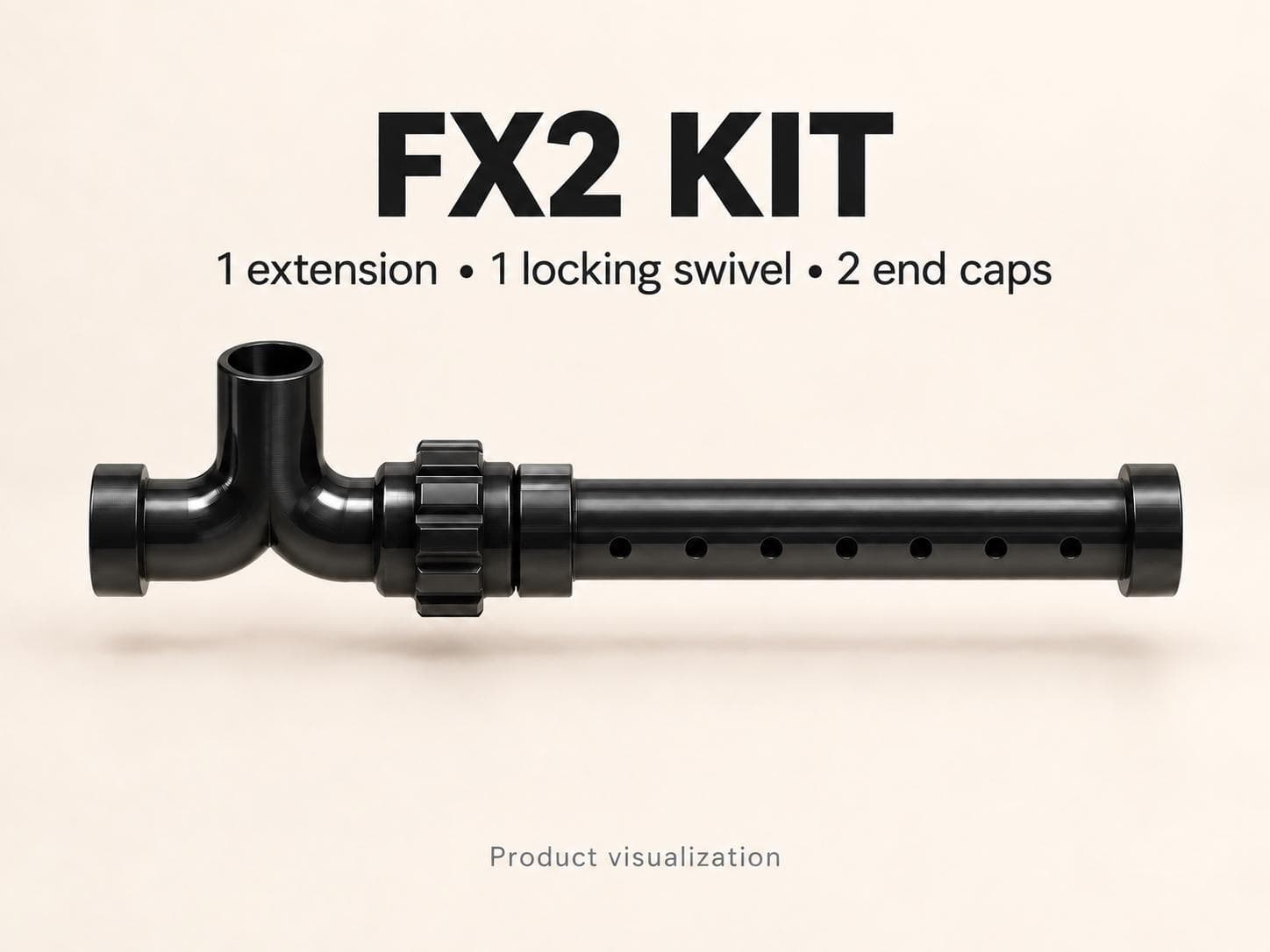 Render of the FX2 kit: central inlet, one extension, one locking swivel and two end caps