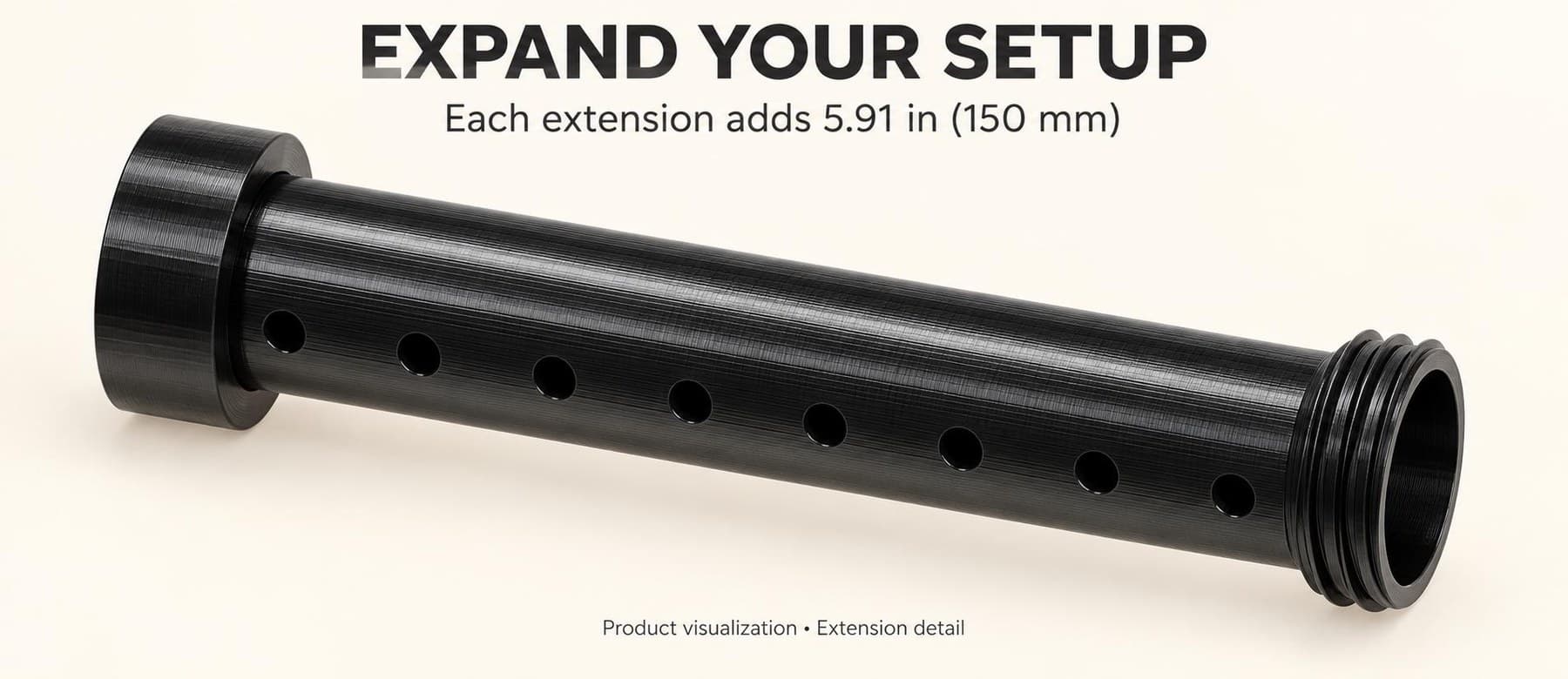 Render of a single extension, labelled as adding 5.91 in (150 mm) of reach