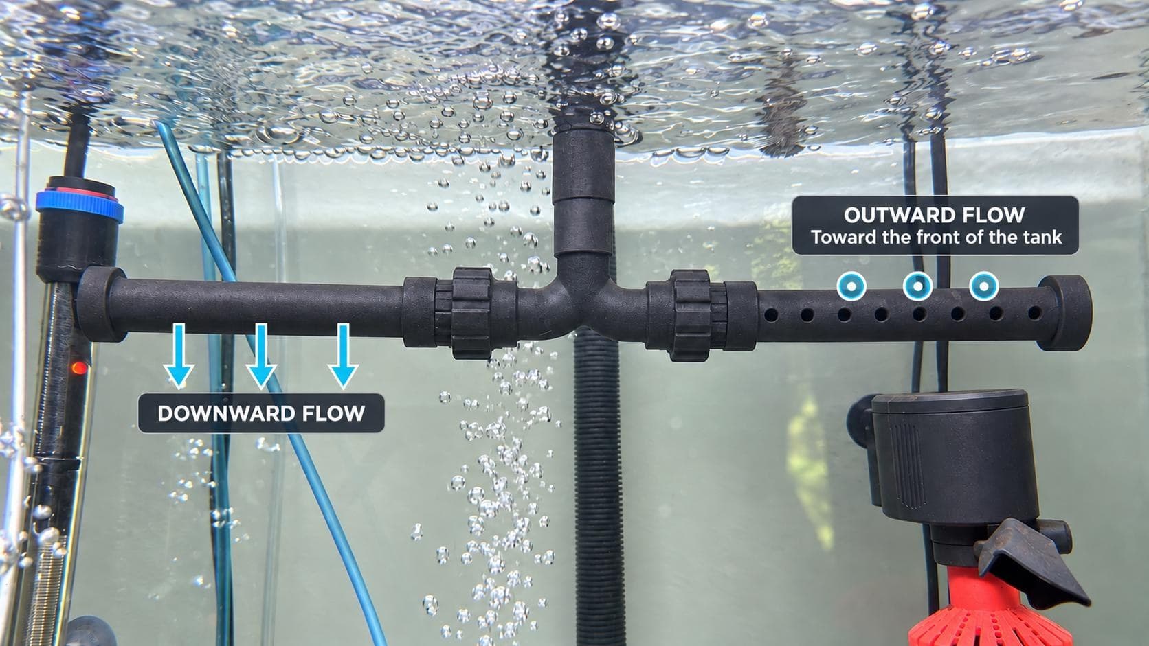 Complete two-extension spray bar installed in a working aquarium, with arrows marking outward and downward flow