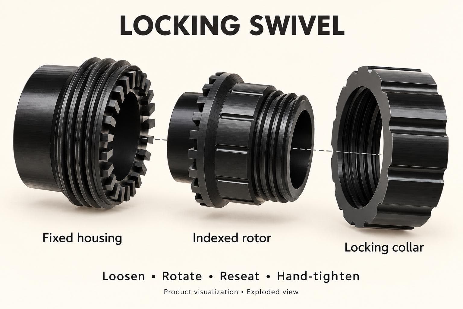 Exploded render of the locking swivel: fixed housing, indexed rotor and locking collar