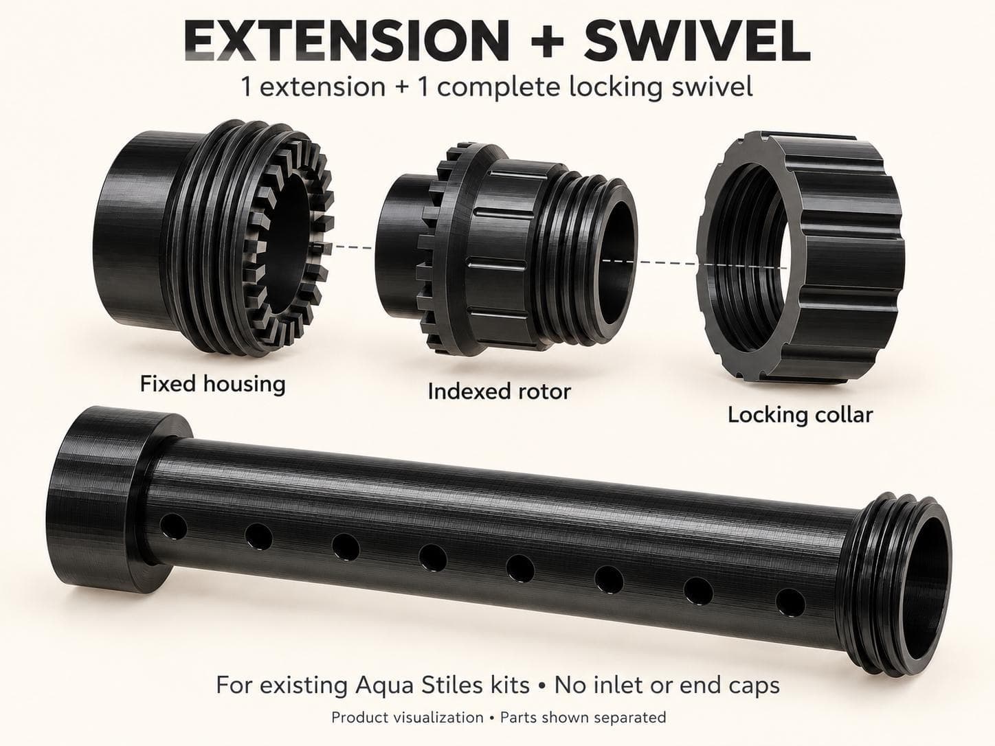 Render of one extension and a complete locking swivel shown separated: fixed housing, indexed rotor and locking collar