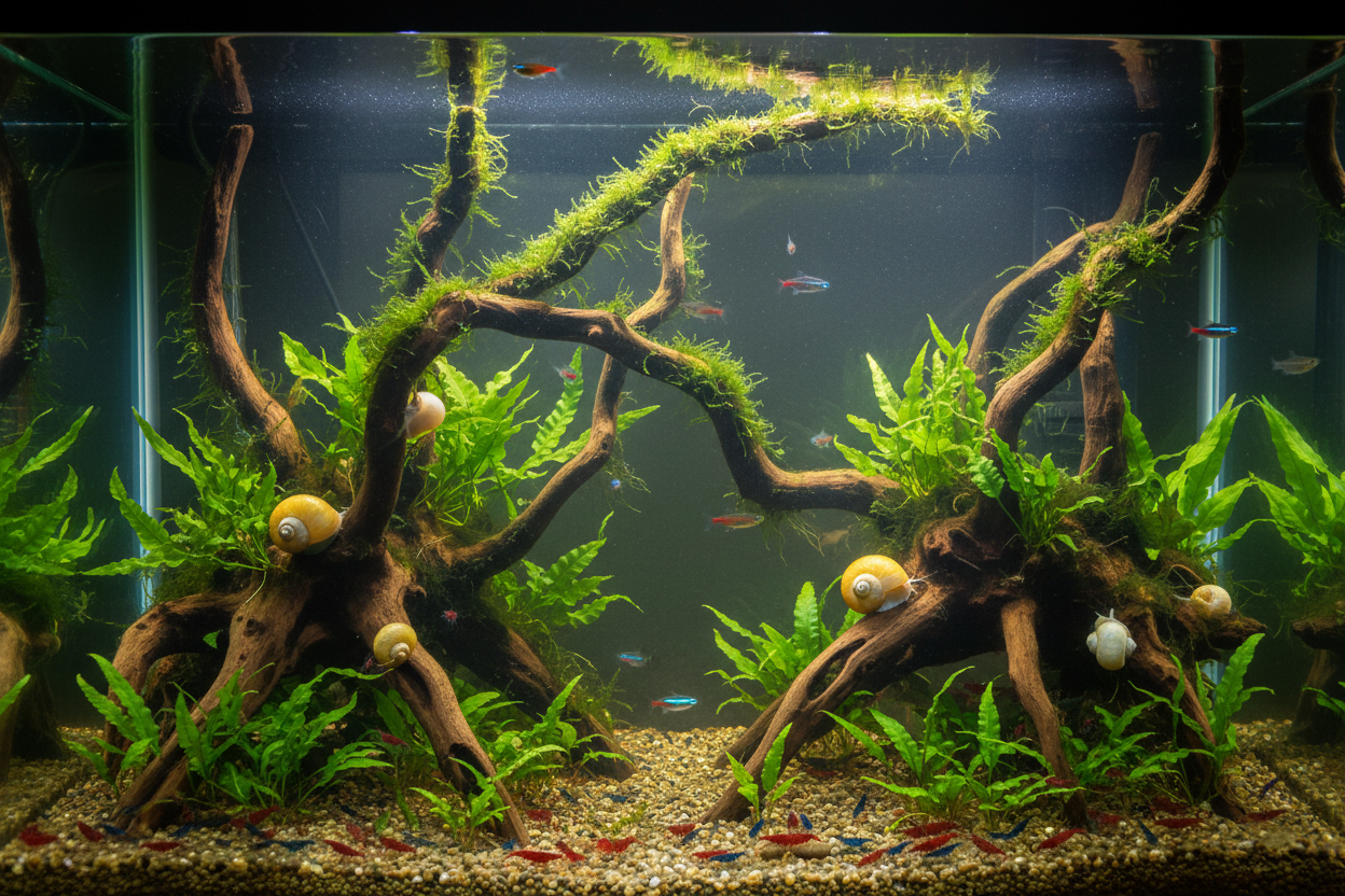 freshwater aquarium scene with driftwood, plants, mystery snails, freshwater fish, and neocaridina shrimp